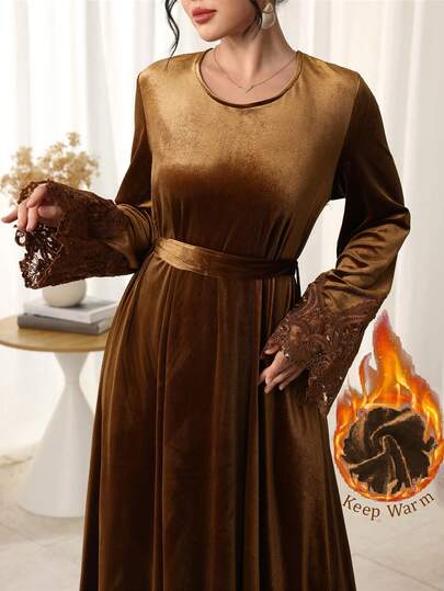 Al Najma 2025 New Korean Velvet Solid Color Lace Embroidered Arabic Dress, Party Gown