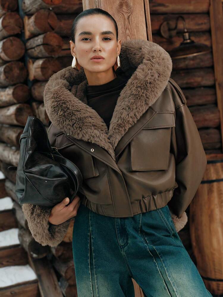Chaqueta de mujer con cuello de piel sintética marrón y acolchado, adecuada para otoño/invierno, uso, ropa exterior, elegante, chic, formal