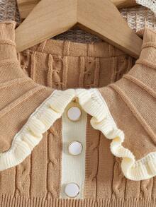 SHEIN Baby Mädchen gerüschter Kragen Blumen gestricktes Sweaterkleid, weiches & vielseitiges Langarm Prinzessin Stil Pulloverkleid, geeignet für Herbst/Winter Feiertage - Khaki - Übersicht 3