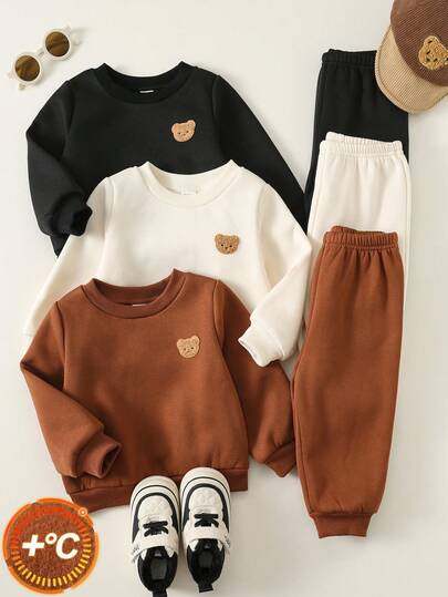 6件套婴儿男女童可爱卡通条纹纯色长袖卫衣+针织运动裤两件套，适合秋冬季穿着