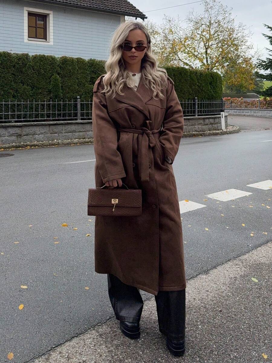 Jeta Ari 女式仿麂皮绒翻领休闲长款常规夹克，秋季 - 咖啡棕 - 查看 1