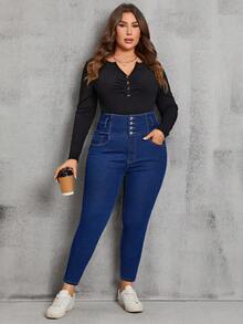 EMERY ROSE Quần jean bó cạp cao phong cách đường phố thường ngày cho nữ cỡ lớn - Rửa trung bình - Xem 3