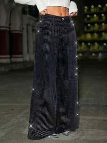 SHEIN ICON 女士水钻装饰口袋阔腿宽松休闲牛仔裤 - 黑色 - 查看 6