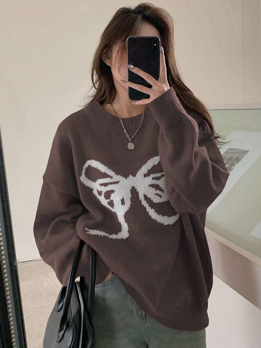 DAZY 女式宽松圆领蝴蝶结图案毛衣 - 咖啡棕 - 查看 1