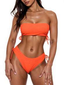 SHEIN Swim Women's Solid Color Bandeau Side Drawstring Sexy Bikini Swimsuit Set, Summer Beach - Orange - View 1