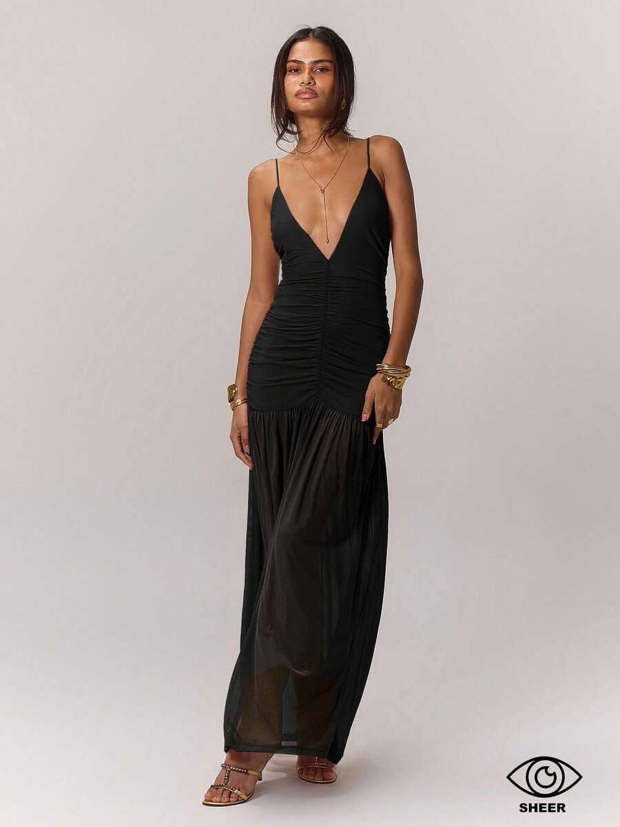 MUSERA Ruched Front Drop Hem Dress Spring Summer Occasion Wedding Deep V Holiday Ibiza Vacation Guest Elegant Birthday Night Out Date Outfit - Black - View 1
