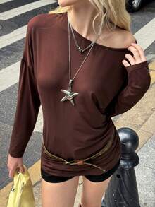 SHEIN EZwear Women's Coffee Brown Autumn Casual Everyday Blouse,Elegant Round Neck Batwing Long Sleeve Tie-Waist Regular Fit X-Shaped Fashion Urban Commute Tops - Brown - View 3