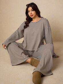 Elaquor Conjunto de 2 piezas de punto a rayas básico para mujer de talla grande, para uso casual y en el hogar - Café integral - Ver 5
