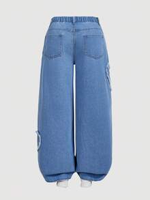 SHEIN CURVE+ 大码女式宽松破洞口袋阔腿休闲牛仔裤，圣诞牛仔，圣诞节，新年，新年，日常休闲牛仔裤，圣诞礼物牛仔裤，Y2K复古牛仔裤，街头风oversized牛仔裤，返校季牛仔裤款式，爱心刺绣，爱心牛仔，俏皮风格，刺绣时尚，爱心图案休闲牛仔裤，爱心牛仔：大码爱心刺绣牛仔裤——完美适合俏皮休闲的日子，春季休闲爱心刺绣大码牛仔裤 - 藍色 - 查看 2