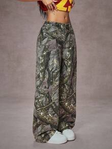 SHEIN Tall Tall Waist Maple Leaf Camouflage Print Washed Straight Leg Jeans - Multicolor - View 5