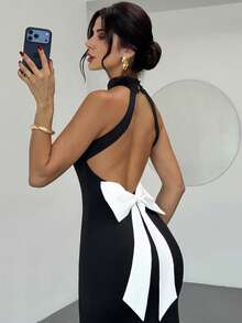 Firerie Women's Elegant, Exquisite, Romantic Date, Party, Ball, New Year, Holiday, Wedding Guest, Valentine's Day Spring Halter Backless Bowknot Bodycon Black & White Maxi Dress, Autumn/Winter Dress With Bow In The Back Open Back Dress - Black and White - View 7
