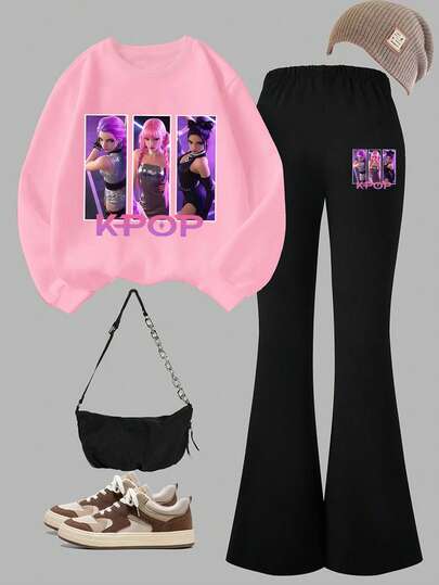 SHEIN ChillGRL 1 Set Tween Girls Casual Cartoon K-POP Girl Graphic Print Long Sleeve Crew Neck Sweatshirt And Flare Pants Outfit, Suitable For Outings And Street Wear, K-POP Clothing Sweatshirt Set, Pink Sweatshirt And Black Flare Pants Set