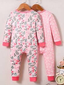 2pcs Baby Girls Floral Print Long Sleeve Jumpsuit & Leggings Set, Snug Fit Casual Outfit, Summer Travel