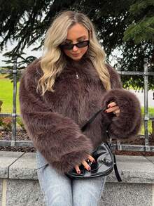 Jeta Ari Casual Zipper Fluffy Collar Jacket - Brown - View 1
