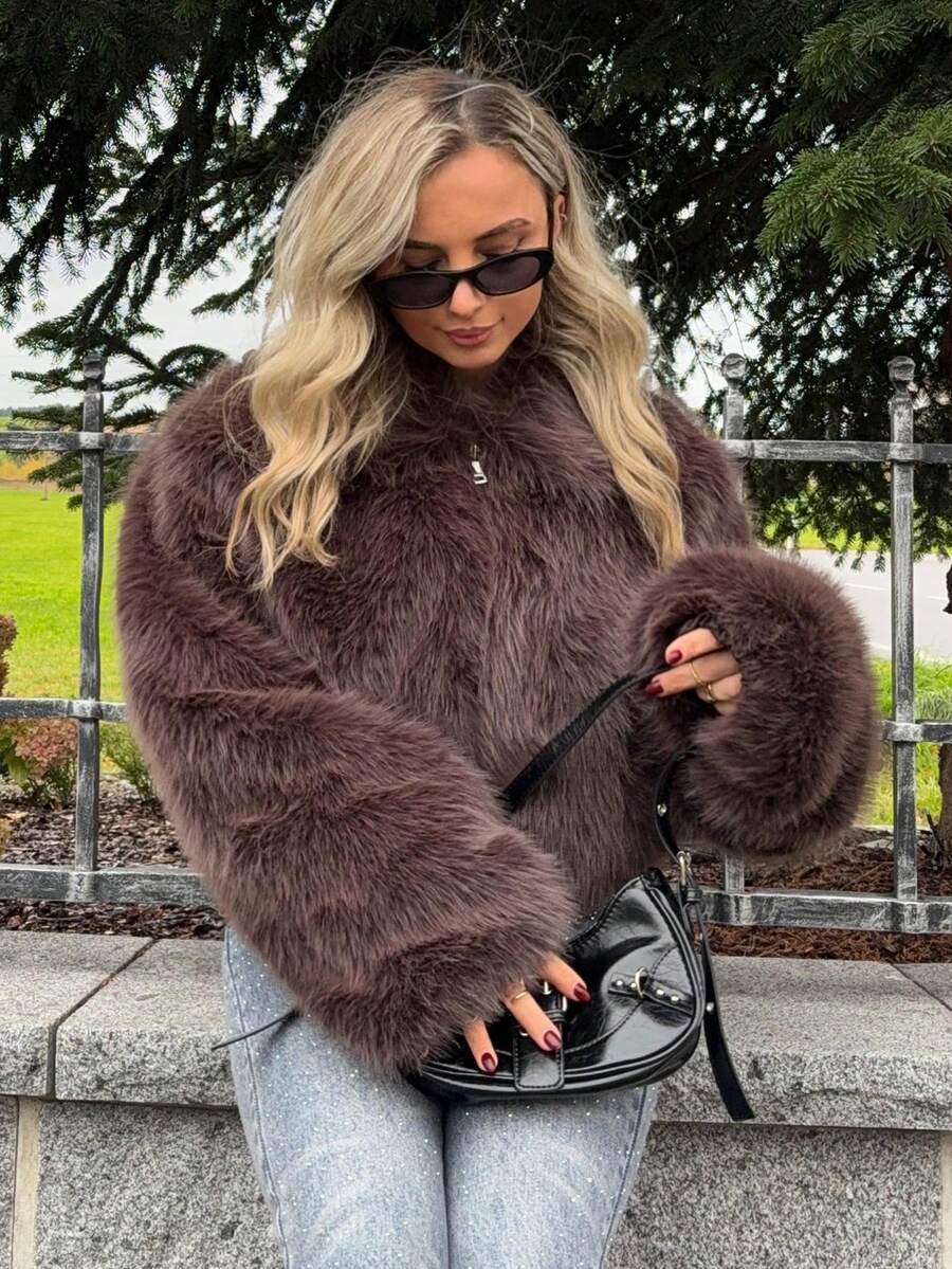 Jeta Ari Casual Zipper Fluffy Collar Jacket - Brown - View 1