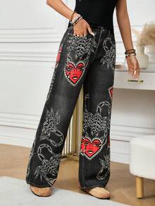 SHEIN LUNE Women's Scorpion Print Pocket Wide Leg Loose Casual Jeans Pattern Pants Women Wide Leg Pants Palazzo Pants Women Bohemian Pants - Black - View 5
