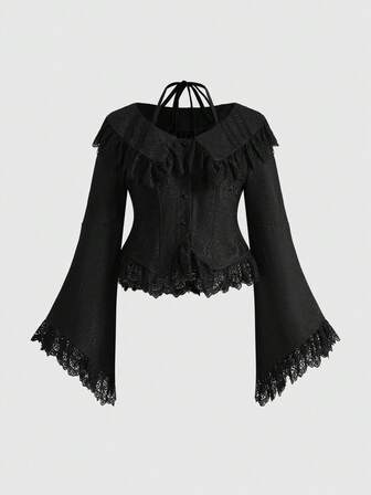 Goth Chaqueta de camisa de jacquard negro de talla grande con estilo de palacio lujoso, de tirantes finos y caída de hombros, para otoño/invierno, top de mujer vintage lujoso de Navidad de talla grande