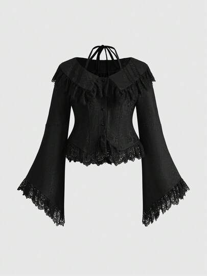 Veste chemise noire jacquard style gothique de luxe pour grandes tailles, avec col, bretelles et épaules tombantes. Veste chemise noire jacquard pour grandes tailles, automne/hiver. Top de Noël vintage de luxe pour femmes