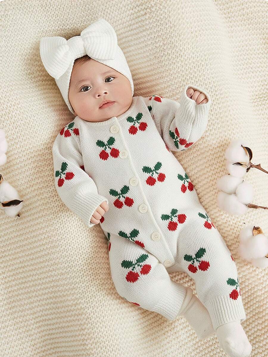 SHEIN 新生女婴可爱心形印花长袖针织连体衣，秋冬 - 白色 - 查看 1