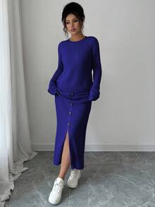 Elenzga 两件套女士休闲长袖上衣和裙子套装 - 藍色 - 查看 5