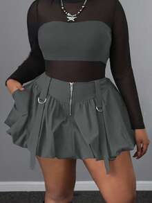 Maweii Plus Size Women Casual Ruffle Hem Solid Color Zipper Closure Mini Skirt, Suitable For Work And Daily Wear, Autumn/Winter - Grey - View 2