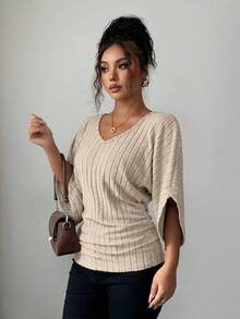 Selianne 女式舒适休闲V领荷叶边蝙蝠袖纯色拉绒罗纹T恤 - 杏色 - 查看 3