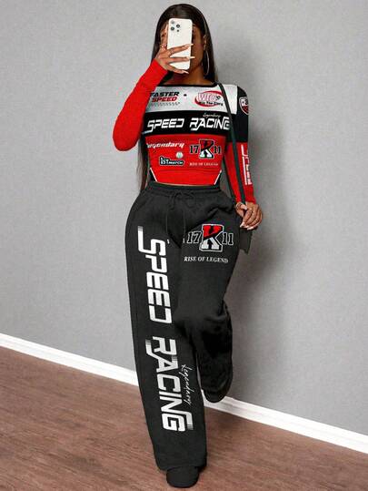 Slaydiva Women Casual Straight Sports Sweatpants + Long Sleeve T-Shirt 2Pcs Set/For Fall/Winter/Y2k Clothes/Streetwear/Two Pieces Set Women/Back To School/Casual Street/Fit For Hip Hop/F1 Racing Graphic