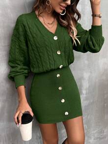 SHEIN Clasi Women's Fashion Drop Shoulder Long Sleeve Button Design Knitted Sweater Dress, Autumn/Winter - Green - View 6