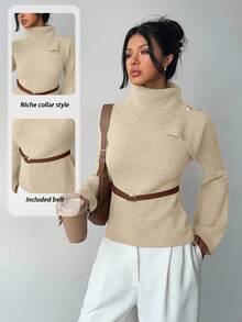 Elenzga Khaki Elegant Flared Sleeve Niche Design Collar, Paired With Brown Metal Fashionable Belt, Women Sweater For Autumn/Winter - Khaki - View 1