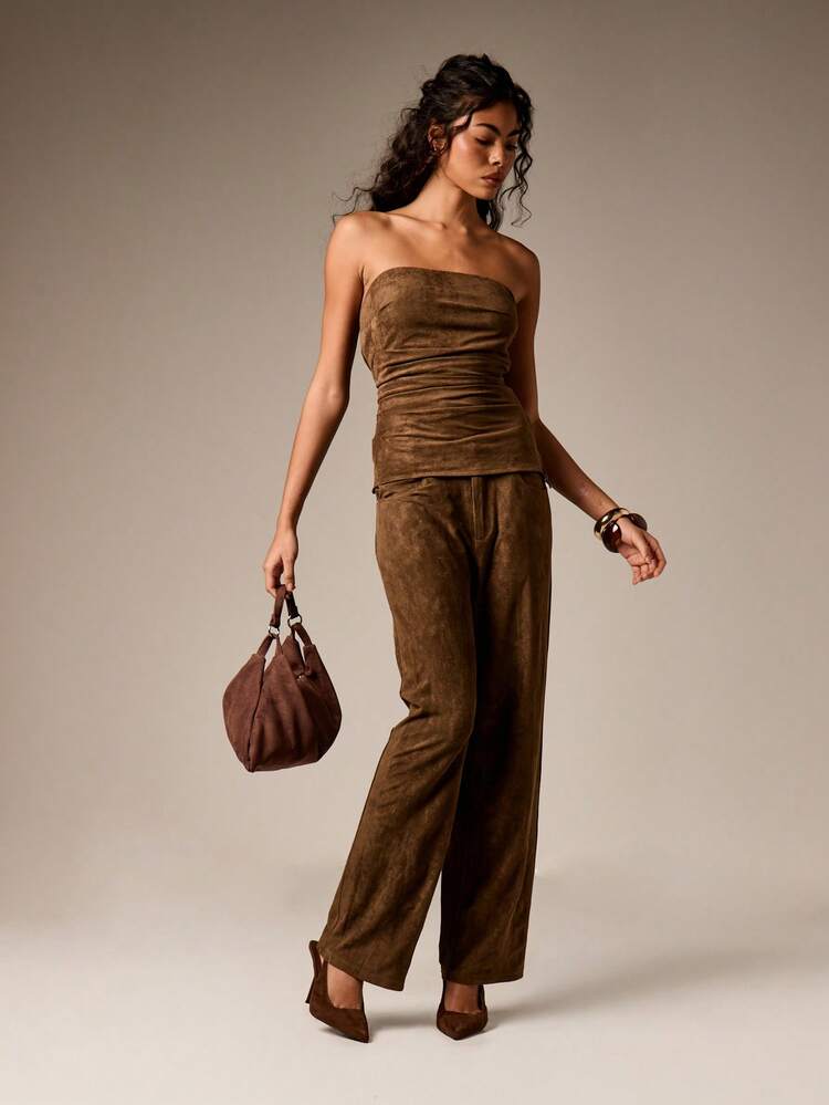 Faux Suede Straight Leg Trousers