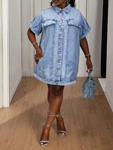 SHEIN CURVE+ Váy denim tay cánh dơi cài nút phía trước thời trang cỡ lớn - Rửa tối - Xem 5