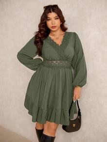 Elaquor Plus Size Women Contrast Lace V-Neck Lantern Sleeve Ruffle Hem Elegant Dress - Green - View 6