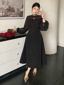 DAZY Women's Elegant 2 Pieces Set: Beaded Collar Mesh Blouse And Long Slip Dress - Black - View 7