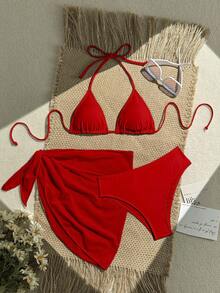 Swim Vcay 3 件套女士假日纯色性感吊带比基尼泳装套装，泳衣套装，适合夏季海滩度假 - 紅色 - 查看 1