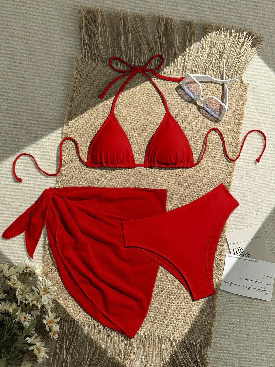 Swim Vcay 3 件套女士假日纯色性感吊带比基尼泳装套装，泳衣套装，适合夏季海滩度假 - 紅色 - 查看 1