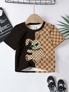 SHEIN Tricou clasic pentru băieți, cu imprimeu floral și ursuleți drăguți, croială lejeră, cu guler rotund și mânecă scurtă, casual, pentru toamnă/iarnă - Multicolor - Vizualizare 2