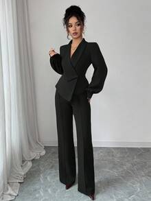 Elenzga Bộ quần ống loe dáng chữ A, dáng suông, màu trơn, cổ bẻ không đều, thanh lịch, thoải mái khi đi làm, đi nghỉ, tiệc trà chiều dành cho nữ, phù hợp cho mùa xuân, thu, đông - màu đen - Xem 5