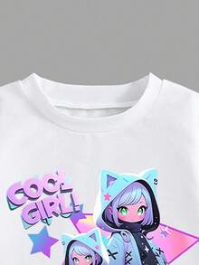SHEIN ChillGRL 两件套休闲时尚女童春秋冬短袖连衣裙套装，酷炫卡通人物扎染印花设计，包含一件短袖圆领T恤和一条紫色工装裙，舒适的短袖圆领T恤搭配打底裤，适合春夏休闲、时尚街头风、户外野餐、上学、聚会等场合，也是馈赠佳品。 - 彩色 - 查看 4