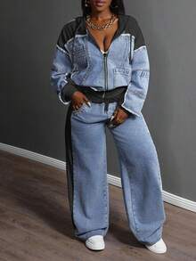Slaydiva Plus Size Autumn Fashion Color Block Hooded Denim Jacket With Rhinestone Decor Women Jean Jackets - Blue - View 2