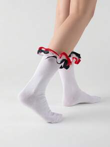 ROMWE Kawaii 1 paire de chaussettes mi-mollet pour femmes avec bordure à volants en maille contrastée rouge et noire, hauteur de cheville pliable, convient pour le port quotidien, les vacances et les fêtes - Multicolore - Voir 2