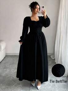 Modelyn French Design Square Neck Tie-Cinched Waist Women Dress - Black - View 1