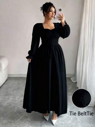 Modelyn Vestido de mujer con cuello cuadrado y cintura ajustada, diseño francés