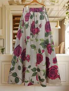 GlowEve Women's Elegant Casual Large Floral Gray-Brown Flared Skirt - Multicolor - View 2