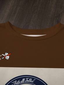 LOONEY TUNES X SHEIN Plus Size Casual Sports Cartoon And Letter Graphic Colorblock Crew Neck Sweatshirt