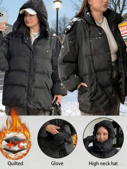 Enliva 加大码女式宽松防风夹克，带手套和连帽，适合秋冬女士穿着