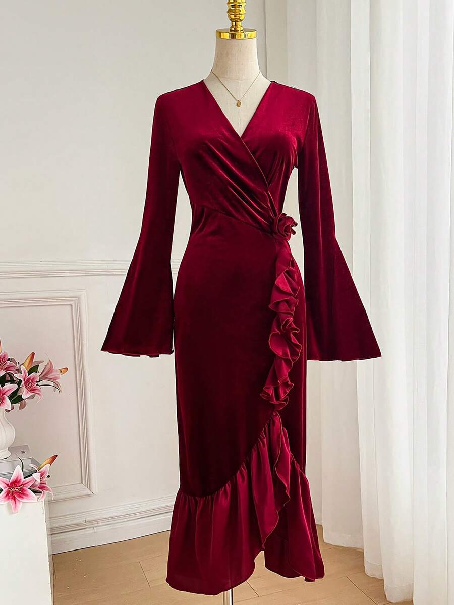 SHEIN LUNE Váy midi thanh lịch bằng vải nhung và chiffon chắp vá dành cho nữ - Màu Đỏ Sâu - Xem 1