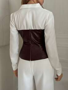 Blusa ajustada de manga larga con parches de piel sintética para mujer - Multicolor - Ver 2