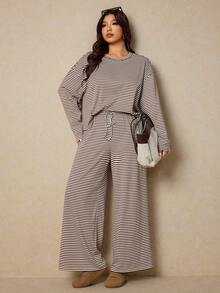 Elaquor Conjunto de 2 piezas de punto a rayas básico para mujer de talla grande, para uso casual y en el hogar - Café integral - Ver 7