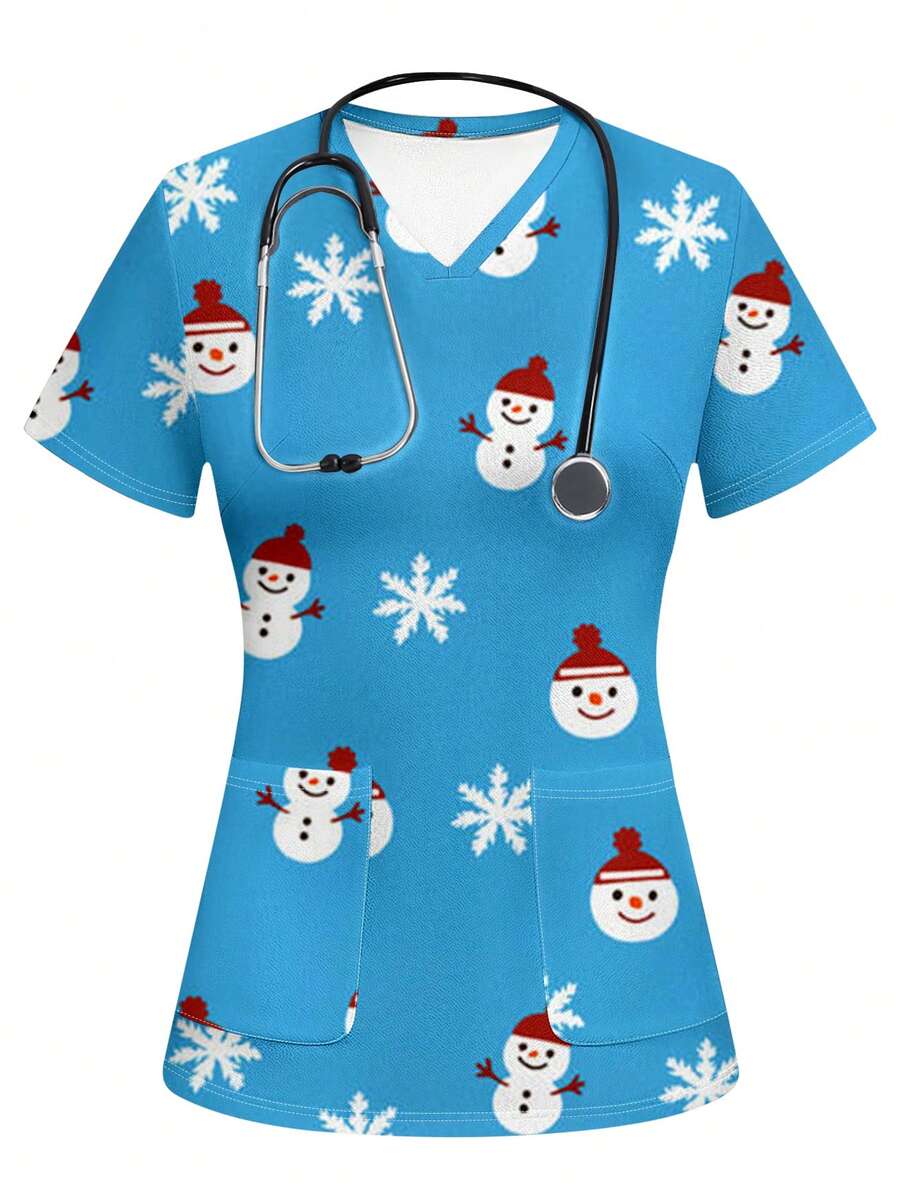 TaskEZ Women's Snowflake & Snowman Print V-Neck Short Sleeve Pocket Scrub Uniform Top