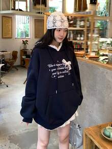 DAZY 女士纯色韩版英文字母印花卫衣连帽衫 - 藍色 - 查看 3